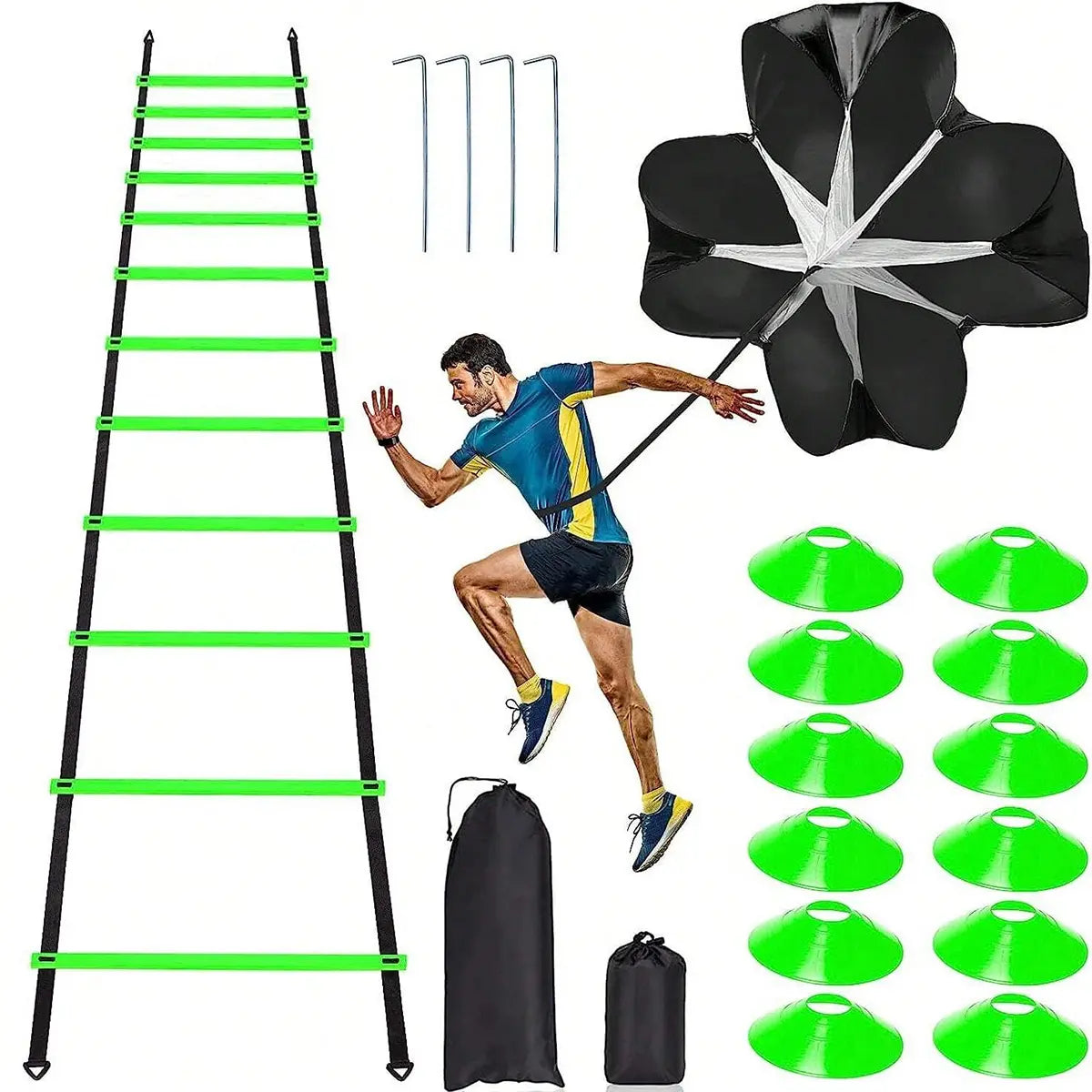 Sports Agility Ladders Football Training Equipment | Speed Agility Training Set, Including 1 Agility Ladder, 4 Steel Piles,12 Disc Cones,1 Resistance Umbrella .| for Athletes/Sports Including Football & Basketball