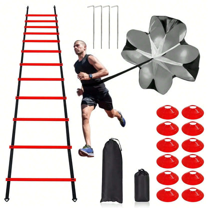 Sports Agility Ladders Football Training Equipment | Speed Agility Training Set, Including 1 Agility Ladder, 4 Steel Piles,12 Disc Cones,1 Resistance Umbrella .| for Athletes/Sports Including Football & Basketball