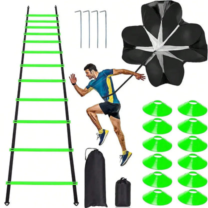 Sports Agility Ladders Football Training Equipment | Speed Agility Training Set, Including 1 Agility Ladder, 4 Steel Piles,12 Disc Cones,1 Resistance Umbrella .| for Athletes/Sports Including Football & Basketball