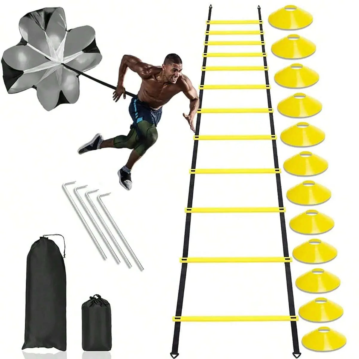 Sports Agility Ladders Football Training Equipment | Speed Agility Training Set, Including 1 Agility Ladder, 4 Steel Piles,12 Disc Cones,1 Resistance Umbrella .| for Athletes/Sports Including Football & Basketball