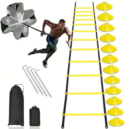 Sports Agility Ladders Football Training Equipment | Speed Agility Training Set, Including 1 Agility Ladder, 4 Steel Piles,12 Disc Cones,1 Resistance Umbrella .| for Athletes/Sports Including Football & Basketball